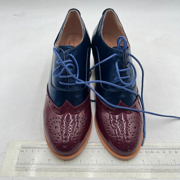 FOWT Blue Brown Perforated Lace-Up Oxfords Almond Toe Mid Chunky Heel Shoes - Picture 3 of 8